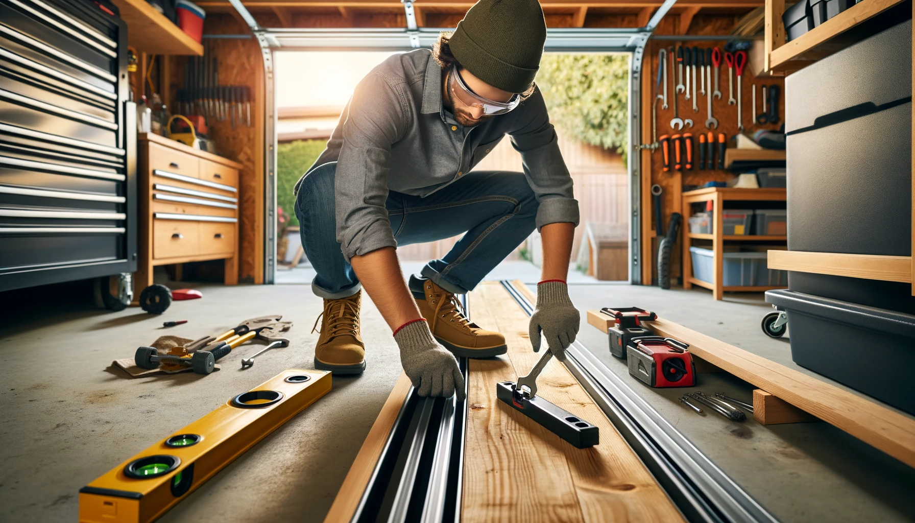 DALL·E 2024 06 03 18.38.16 A well maintained garage with a homeowner adjusting the garage door track. The scene includes a person wearing work gloves and safety glasses using a 1